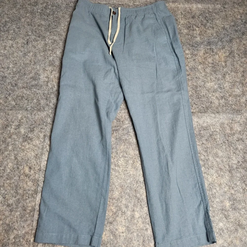 J Crew Linen Blend Drawstring Pants Men L 34x30 Sky Blue Elastic Waist Vacation